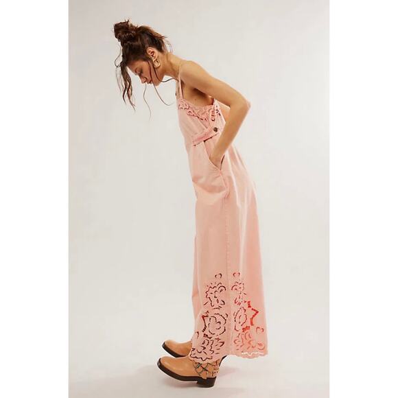 Free People Leighton Wide Leg Jumpsuit Pink Cotton Lace Overalls Denim Small - Picture 1 of 14